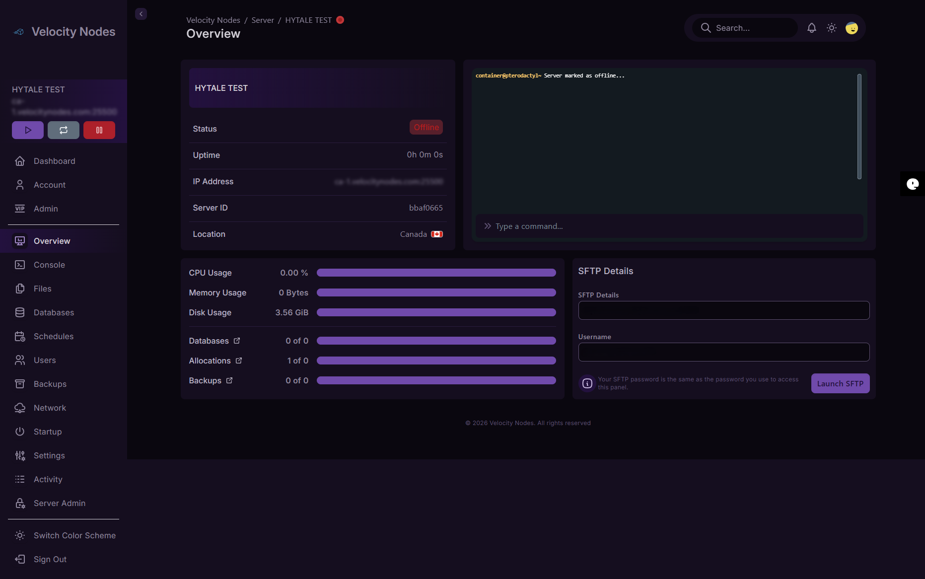 VelocityNodes Game Panel Interface